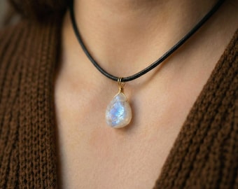 Collar de piedra lunar en bruto, cordón de algodón, gargantilla de piedra lunar arcoíris, collar de piedra en bruto, collar de piedra lunar, colgante de piedra lunar, piedra preciosa