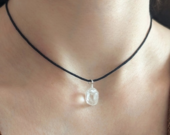Raw rock crystal choker white quartz necklace cotton cord rock crystal necklace gemstone necklace rock crystal pendant healing stone necklace quartz