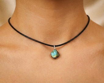 Raw Labradorite Necklace, Cotton Cord, Labradorite Necklace, Raw Stone Necklace, Labradorite Pendant Necklace, Gemstone Necklace, Labradorite Jewelry