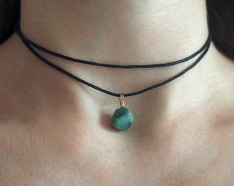 Raw emerald choker double row emerald necklace emerald jewelry cotton ribbon gemstone chain pendant emerald necklace esoteric gift