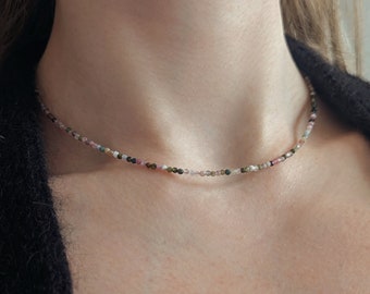 Fine gemstone necklace 925 silver choker gemstone black chain rainbow tourmaline moonstone chain labradorite birthstone chain