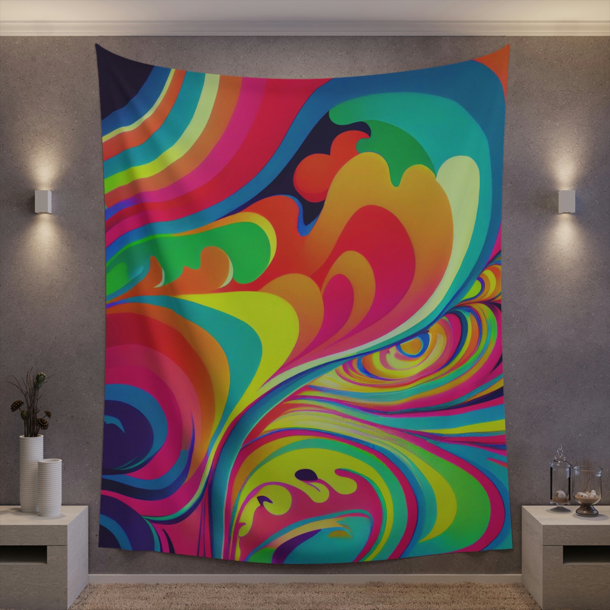 Cosmic Dreamscape Psychedelic Wall Tapestry Vibrant Neon Waves in