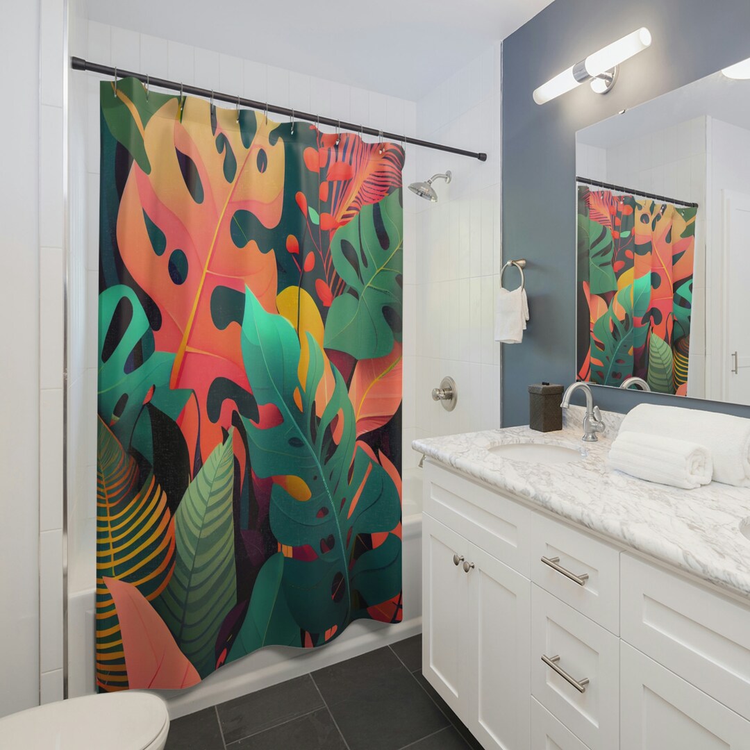 Tropical Rainforest Shower Curtain Bold Foliage Patterns & Playful