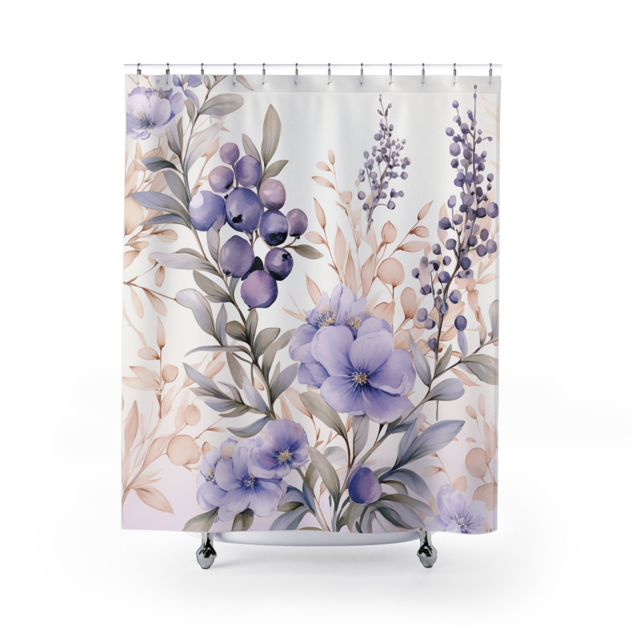 Lavender & Plums Floral Shower Curtain Watercolor French Country Aesthetic Soft Pastel Muted