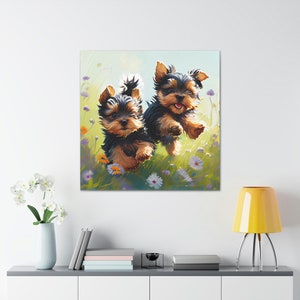 Playful Yorkie Puppies Frolicking in a Wildflower Field | Printed Canvas Wall Art | Ready to Hang | Multiple Sizes Available