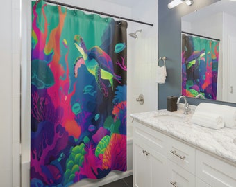 Coral Reef Odyssey Shower Curtain - Vibrant Sea Creatures & Turtle, Bold Abstract Design, Green Pink Blue