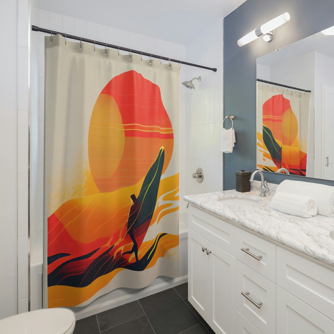 Sunrise Surfer Digital Art Shower Curtain Modern Minimalist Style With