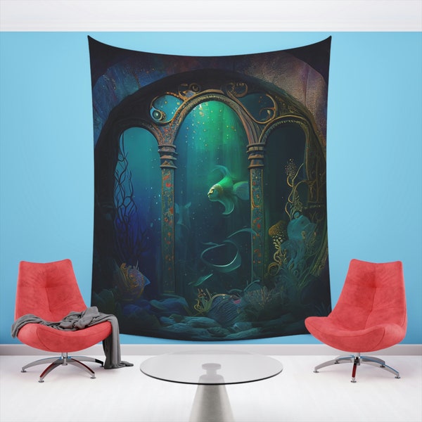 Mystic Mermaid's Lair Wall Tapestry - Surreal Fantasy Underwater World, Dali Inspired, Shimmering Glow, Dreamlike Deep Ocean Colors