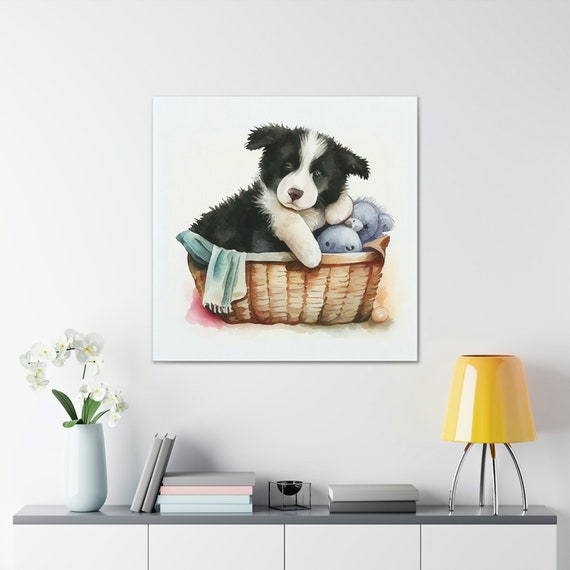 Adorable Border Collie Puppy in Basket With Toys Watercolor Canvas Print  Ready to Hang Multiple Sizes Available 