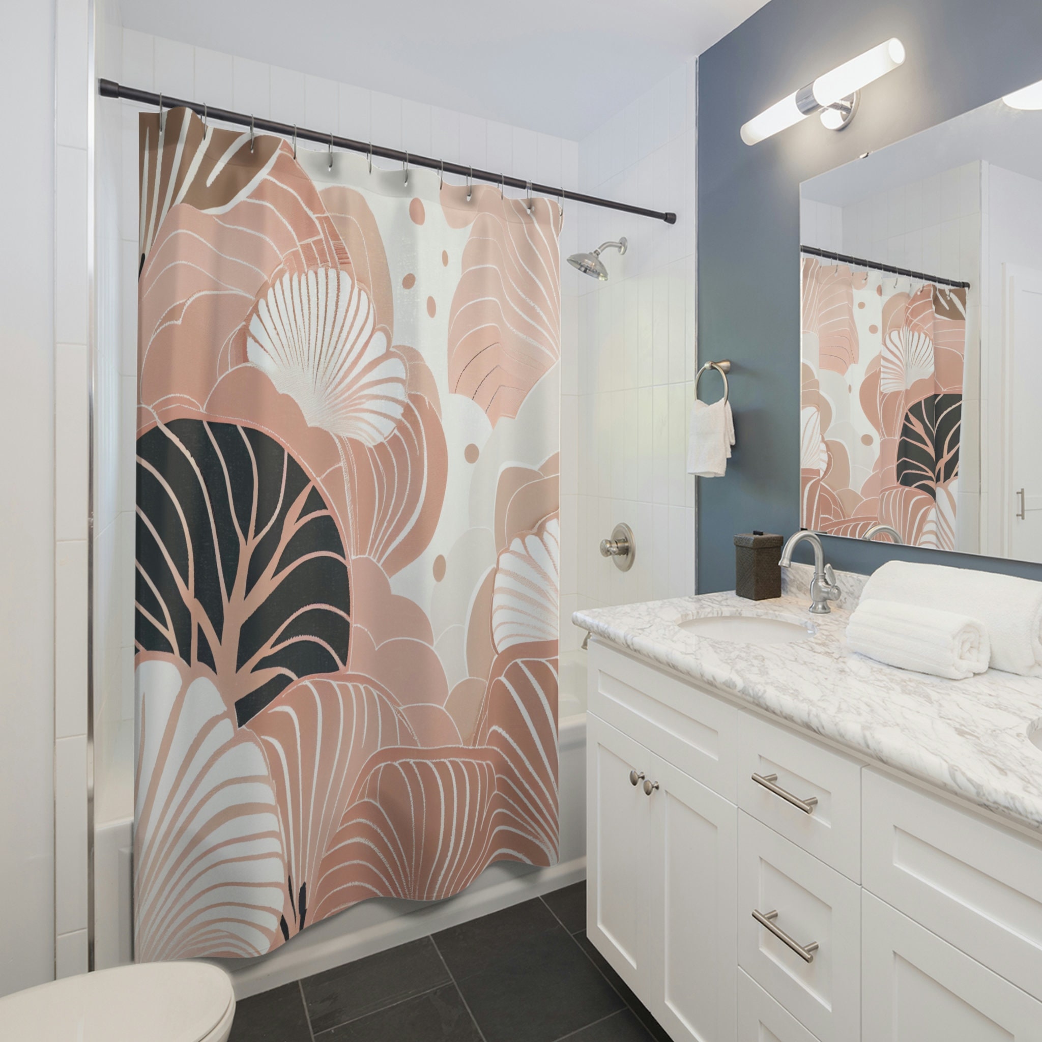 Elegant Blush Pink Japandi Pattern Shower Curtain 71x74in Etsy