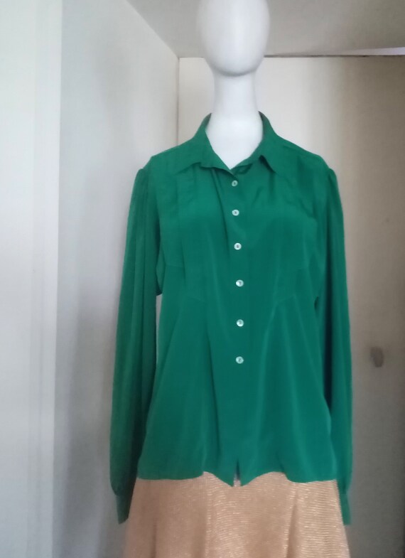 Fir green blouse or blouse - 80s - puffed sleeves… - image 6