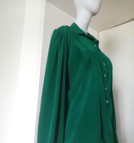 Fir green blouse or blouse - 80s - puffed sleeves… - image 1