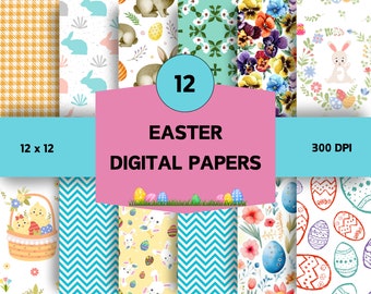 Påskhare-klippbokspapper | Digitala påskpapper | Vårblommor | Påskkorg | Digitala påskäggmönster | Påskägg