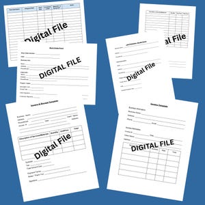 Pode incluir: Vários modelos de papel branco com texto preto, incluindo "Work Order Form", "Invoice & Receipt Template" e "Job Estimate - Quote Form". As palavras "Digital File" são impressas em cada modelo. O fundo é azul liso.