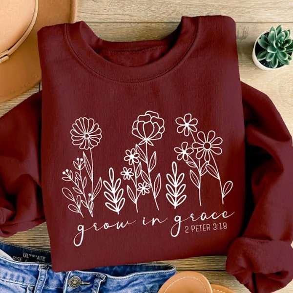 Grow In Grace Sweatshirt Boho Flowers Crewneck Sweater, Minimalist Wildflowers Shirt Boho Christian Sweatshirt,Godly Gifts For Nature Lover