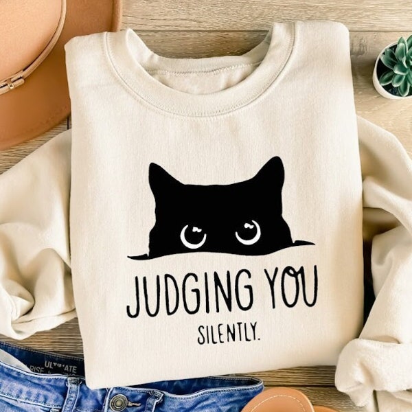 Cat Sweatshirt,Cute Cat Sweatshirt,Black Cat Shirt,Cat Peeking Sweatshirt,Womens Funny Sweatshirt,Gifts for Cats Lover,Cat Mom Sweatshirt