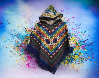 Warm and pretty - fairly traded, handmade, hooded alpaca children ponchos, incan pattern, warm alpaca wool, car poncho, colourful and trendy