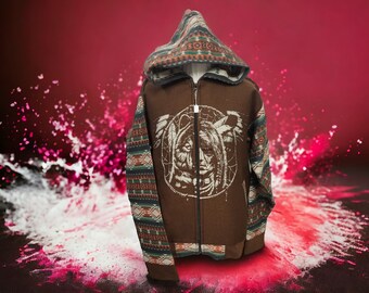 Handmade artisan hoodies, jackets, warm alpaca wool, boho-chic retro style with Incan and native patterns, unisex