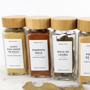 Modern Spanish herb & spice label • Latin bilingual label • Minimal seasoning labels • Customization available • Spice jar organization