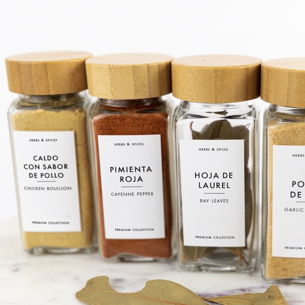 Modern Spanish herb & spice label • Latin bilingual label • Minimal seasoning labels • Customization available • Spice jar organization