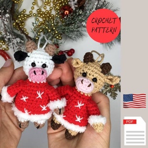 Crochet christmas ornament pattern, crochet cow pattern, cow amigurumi pattern