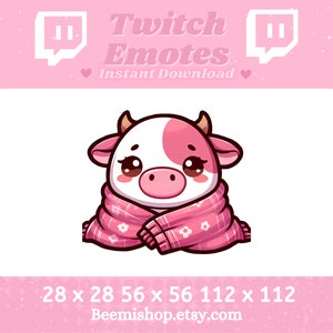 Twitch Discord Emote Cute Chibi Pink Cow Emotes Blanket Comfy Cozy Kawaii Adorable Youtube Server Stream Animal