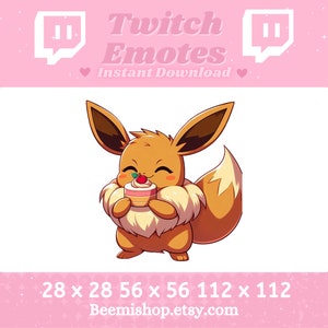 May include: A cartoon illustration of a brown Eevee holding a pink and white cake with a red cherry on top. The image is a Twitch emote with the text "Twitch Emotes Instant Download" above the Eevee. The image is available in three sizes: 28 x 28, 56 x 56, and 112 x 112 pixels. The text "Beemishhop.etsy.com" is below the Eevee.