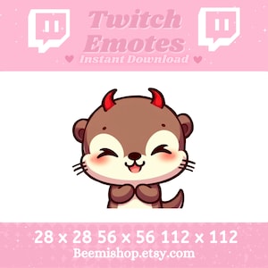May include: A cute brown otter with red horns and a mischievous smile. The otter is wearing a white background and has a pink blush on its cheeks. The image is a Twitch emote with the text "Twitch Emotes Instant Download" above it.