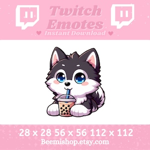 Twitch Discord Emote Cute Chibi Husky Dog Emotes Drinking Boba Tea Happy Black And White Blue Eyes Adorable Youtube Server Stream