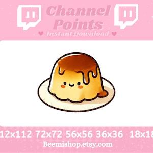 Puede incluir: Gráfico digital de un postre de natillas sonriente con salsa de caramelo en un plato blanco. La imagen está sobre un fondo rosa con el texto "Channel Points Instant Download" y varias dimensiones.