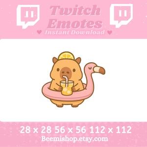May include: A cartoon capybara wearing a pink inflatable flamingo float and holding a glass of lemonade with a straw. The capybara is wearing a yellow lemon slice on its head. The image is a Twitch emote with the text "28 x 28 56 x 56 112 x 112 Beemishshop.etsy.com".