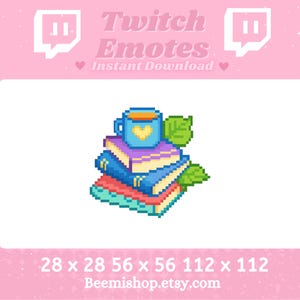 Pixel Cozy Book Stack Coffee Twitch Discord Emote Stream Youtube Cute Chibi Kawaii Sweet Adorable