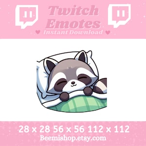 Puede incluir: Un mapache de dibujos animados durmiendo en una manta verde y blanca con una almohada blanca. El mapache tiene una cara gris y blanca con ojos negros y una nariz rosa. La imagen es una ilustración digital para un emote de Twitch.