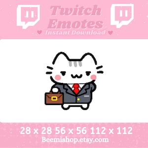 Może przedstawiać: Biały kot w szarym garniturze i czerwonym krawacie, trzymający brązową teczkę. Kot ma zaskoczony wyraz twarzy. Obrazek jest emotikonem Twitch.  28 x 28 56 x 56 112 x 112  Beemisshop.etsy.com