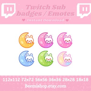 以下が含まれることがあります： Twitchのサブバッジとエモートのコレクション。三日月の中に可愛いウサギのキャラクターがいます。バッジは黄色、ピンク、青、緑など様々な色があり、サイズは18x18から112x112ピクセルです。「Twitch Sub badges / Emotes」の文字が表示されています。