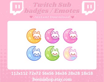 Bunny Moon Twitch Sub Badges – Cute Rabbit Celestial Badges, Lunar Emotes, Pastel Bit Icons, Discord Emoji, Channel Point Assets