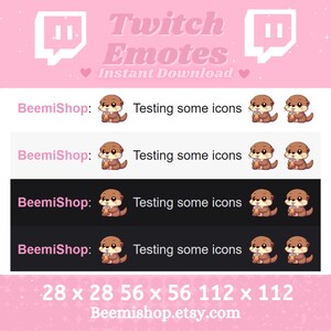 Puede incluir: Cuatro variaciones de un emote de Twitch con una nutria de dibujos animados sosteniendo un t&eacute; de boba. El emote est&aacute; disponible en cuatro tama&ntilde;os: 28x28, 56x56 y 112x112 p&iacute;xeles. El texto "BeemiShop: Probando algunos iconos" aparece encima de cada emote.
