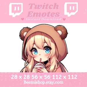 Twitch Discord Emote TeddyGirl Slurp Dricker Söt Twitch Anime Flicka Dricker Nallebjörn Hoodie Youtube Server Kawaii Bedårande Dricker Slurp