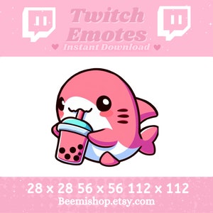 Pink Shark Drinking Boba Tea Kawaii Adorable Twitch Discord Emote Stream Animal Youtube Cute Chibi Baby Shark