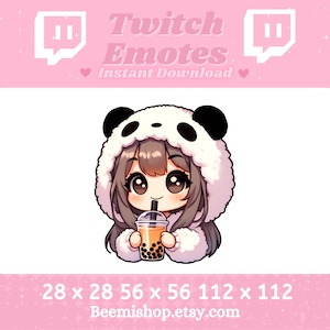 May include: A cartoon illustration of a girl wearing a white panda hooded sweater, holding a cup of boba tea. The image is available in three sizes: 28 x 28 pixels, 56 x 56 pixels, and 112 x 112 pixels. The text "Twitch Emotes Instant Download" is also included in the image.