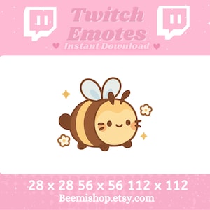 May include: A cute cartoon bee with brown and yellow stripes and a smiling face. The bee has small wings and is surrounded by small white flowers and sparkles. The image is available in four sizes: 28 x 28, 56 x 56, 112 x 112. The text "Beemishiop.etsy.com" is at the bottom of the image.