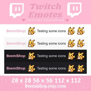May include: Four variations of a yellow cartoon character with a cup of coffee in its hands. The character is shown in different sizes: 28 x 28 pixels, 56 x 56 pixels, and 112 x 112 pixels. The text "Twitch Emotes Instant Download" is at the top of the image. The text "BeemiShop: Testing some icons" is repeated four times, once for each size of the character.