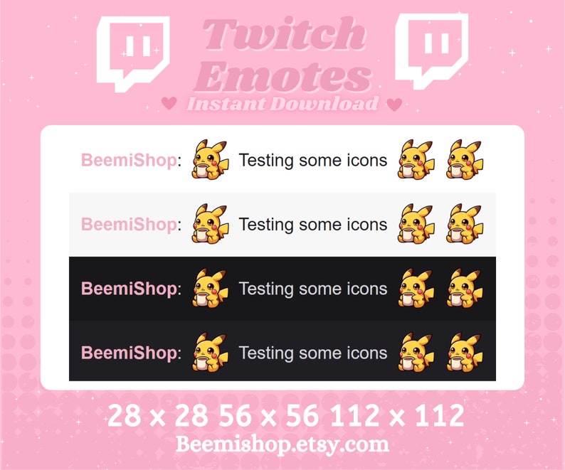 May include: Four variations of a yellow cartoon character with a cup of coffee in its hands. The character is shown in different sizes: 28 x 28 pixels, 56 x 56 pixels, and 112 x 112 pixels. The text "Twitch Emotes Instant Download" is at the top of the image. The text "BeemiShop: Testing some icons" is repeated four times, once for each size of the character.