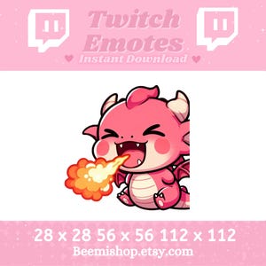 Könnte beinhalten: Rosaer Cartoon-Drache mit einem glücklichen Ausdruck, der Feuer spuckt. Der Drache ist im niedlichen Chibi-Stil gehalten. Das Bild ist für Twitch-Emojis und ist in drei Größen verfügbar: 28 x 28, 56 x 56 und 112 x 112 Pixel.