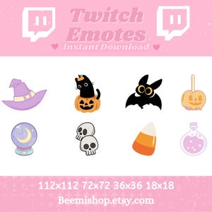 May include: Set of eight Halloween themed Twitch emotes. The emotes include a witch's hat, a black cat in a pumpkin, a bat, a candy apple, a crystal ball, two skulls, a candy cane, and a potion bottle. The emotes are in a grid format on a pink background with the text "Twitch Emotes Instant Download" and "112x112 72x72 36x36 18x18 Beemisshop.etsy.com".