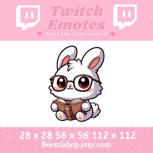 Może przedstawiać: Biały królik w okularach trzymający książkę. Królik siedzi na białym tle. Obrazek jest emotikonem Twitch. 28 x 28 56 x 56 112 x 112 Beemisshop.etsy.com