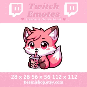 May include: A pink cartoon fox with large eyes, holding a bubble tea with a pink straw. The fox is set against a white background, with the text "Twitch Emotes Instant Download" above. The image is available in various sizes.
