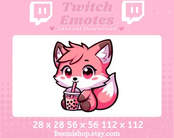 Pink Fox Drinking Boba Tea Kawaii Adorable Twitch Discord Emote Stream Animal Youtube Cute Chibi