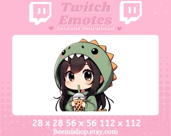 Dinosaur Chibi Girl Drinking Boba Tea Long Black Hair Brown Eyes Happy Kawaii Stream Drink Server Adorable Twitch Discord Emotes