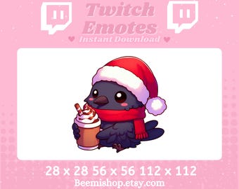Christmas Raven Crow Drinking Hot Coco Chocolate Happy Bird Kawaii Funny Adorable Twitch Discord Emote Stream Animal  Cute Chibi Winter
